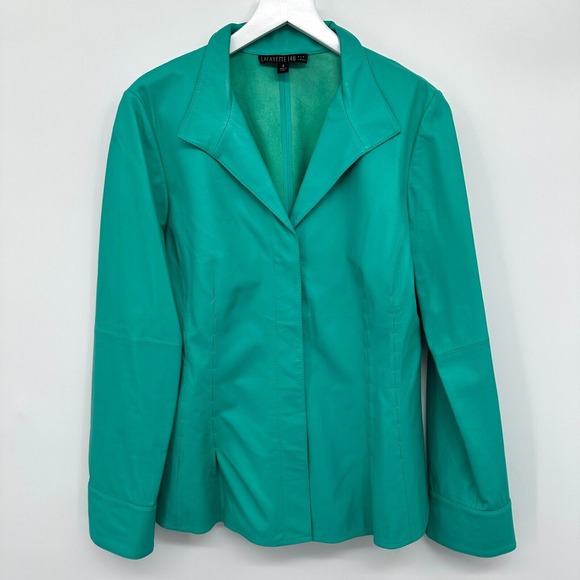 Lafayette 148 Leather Blazer Jacket Coat‎ Size 8 Teal Blue Lightweight Pleated - Picture 1 of 14